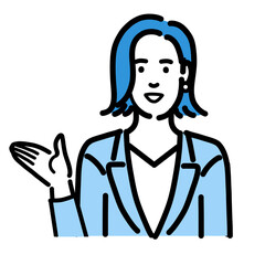 笑顔で説明をしているスーツを着た若い女性
