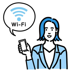 スマートフォンを持ってWi-Fiの説明をしているスーツを着た若い女性
