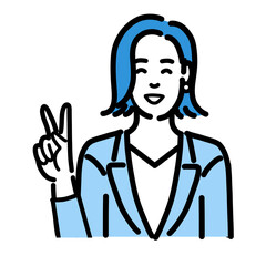 笑顔でピースサインをしているスーツを着た若い女性
