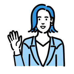 Obraz premium 手を挙げて笑顔で挨拶しているスーツを着た若い女性 