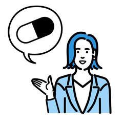 薬の説明をしているスーツを着た若い女性
