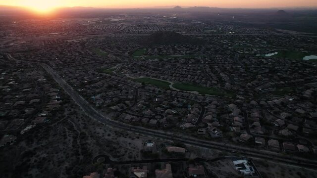 Aerial View of Mesa Arizona Neighborhoods with Sunset on the Horizon