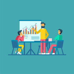 Teamwork, office business meeting vector. Conference and brainstorming, annual report and statistics graphics, discussion,project and planning in flat style