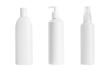 Set of cosmetic product with flip top,  press pump, and spray isolated on white background.