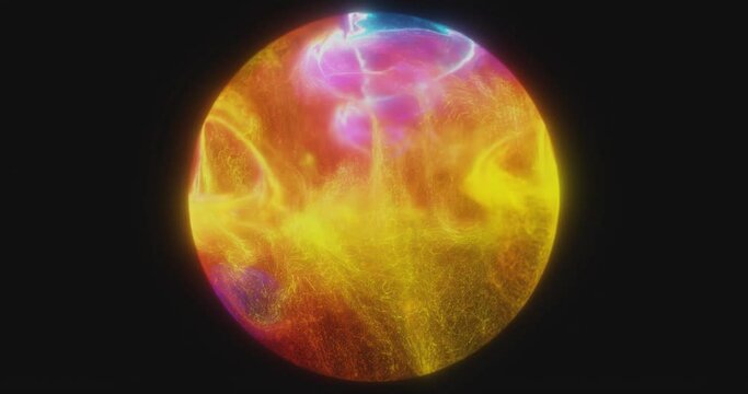 Abstract sphere with organic fluid particles. flowing liquid in rainbow colors on black background. Glow energy spiral. Plasma flow orb. Light Space . Atomic energy. Neon fluids. 4K loop