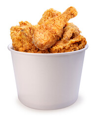 Fried chicken in paper bucket isolated on white background, Fried chicken on white With clipping...