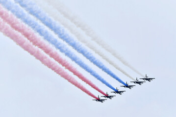 St.Petersburg, Russia - July 25, 2021: Six Russian military aircraft fly in the sky. Fighters in...