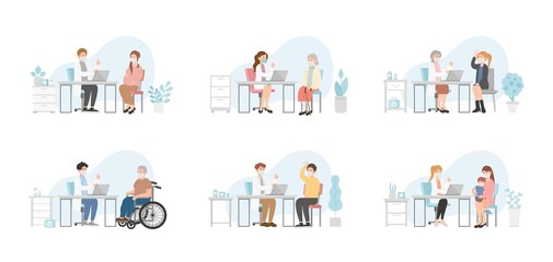 Set of man and woman patient in doctor office for medical consultation or diagnosis treatment, healthcare concept, nursing and medical staff
