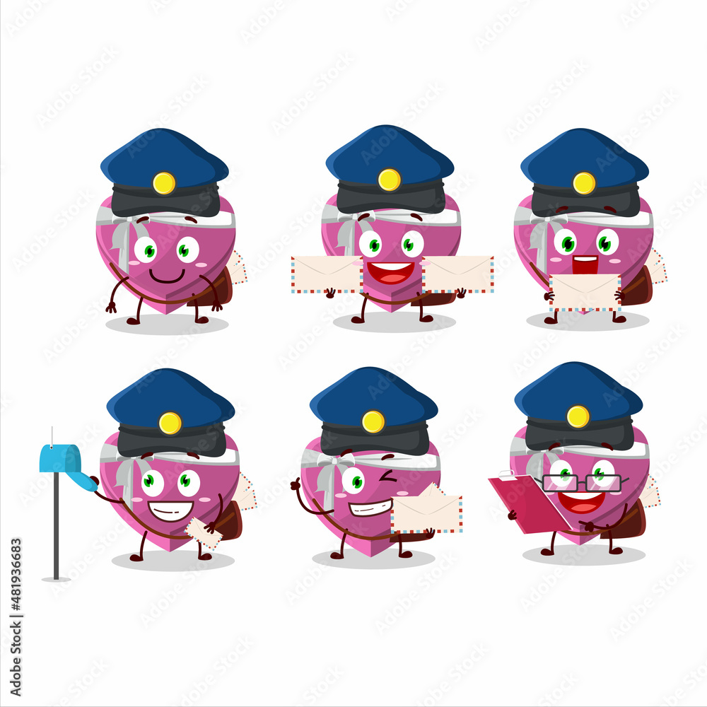 Poster A picture of cheerful pink love gift box postman cartoon design concept