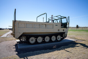 Lexington, Nebraska - April 29 2021: Army Marines military truck at Heartland Museum of Military Vehicles. Six ton tracked Cargo Carrier.