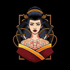 geisha with tattoo and katana illustration