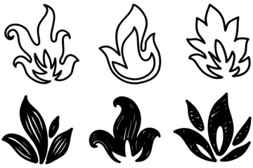 Collection of hand drawn fire icons. Fire Flames Icons Vector Set. Hand Drawn Doodle Sketch Fire, Black and White Drawing. Simple fire symbol.