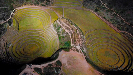Aerial view of Inca ruins of Moray in Peru