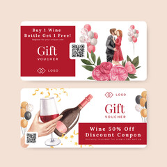 Voucher template with wine party concept,watercolor style