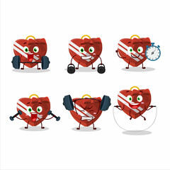 A healthy red love gift box cartoon style trying some tools on Fitness center