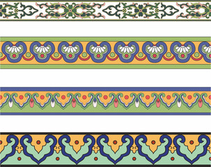 Vector colorful set of seamless national Chinese borders, frames. Ethnic endless ornament of the peoples of Asia, China, Indonesia, Taiwan, Hong Kong, Korea.
