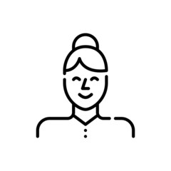 Line art avatar icon. Smiling young professional woman with a bun on her head. PIxel perfect, editable stroke