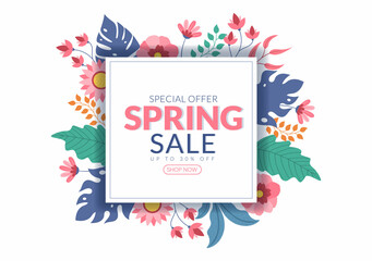 Obraz premium Spring Sale Blossom Flowers Background Natural Template Vector Illustration with Season Plant Suitable for Greeting Card, Invitation or Poster