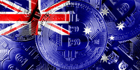 Holds a physical copy of Bitcoin and the Australian flag. Concept map of Australian cryptocurrency...