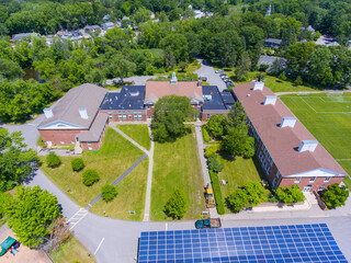 Wayland Town Hall aerial view at 41 Cochituate Road in historic town center of Wayland,...