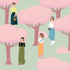 桜とお花見に来たお洒落な大人女子