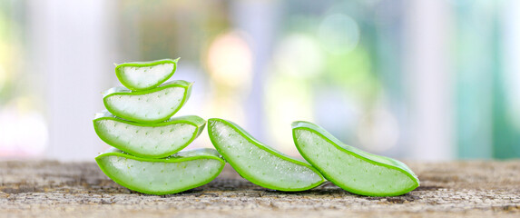 Aloe vera, Close-up slices of green fresh aloe vera plant or stalk or leaves stack or stacked with...