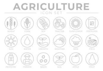 Thin Agriculture Round Outline Icon Set of Wheat, Corn, Soy, Tractor, Sunflower, Fertilizer, Sun, Water, Growth, Weather, Rain, Fields, Pesticide, Farmer, Seeds, Soil, Apple, Fruit Icons.