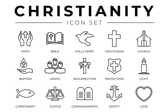 Christianity Outline Icon Set with Faith, Bible, Crucifixion , Baptism, Church, Resurrection, Holy Spirit, Saints, Commandments,Light, Protection, Justice, Safety and Love Thin Icons