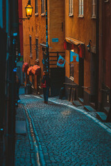 Woman Stands Outside of Waffle Shop on Narrow Cobblestone Street