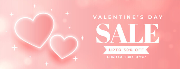 valentines day sale banner with glowing neon hearts