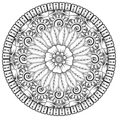Circular pattern in form of mandala for Henna, Mehndi, tattoo, decoration. Decorative ornament in ethnic oriental style. Coloring book page.