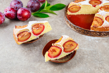 Two pieces of homemade pie with plums on light background.