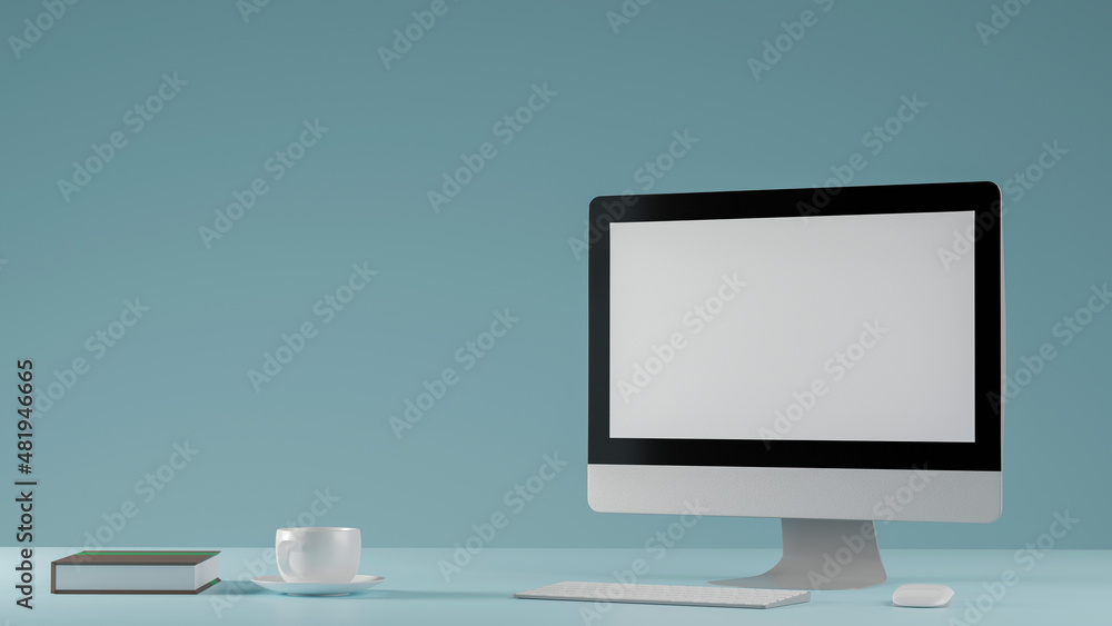 Poster blank screen on the desktop computer with a cup of coffee, mock-up, 3d rendering