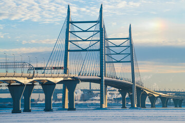 Bridge across the Ship Fairway on the Western High-Speed Diameter close-up on a December afternoon,...