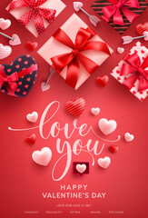 Valentine's Day Poster with cute heart and gift box on red background.Promotion and shopping template for Love and Valentine's day concept. - obrazy, fototapety, plakaty