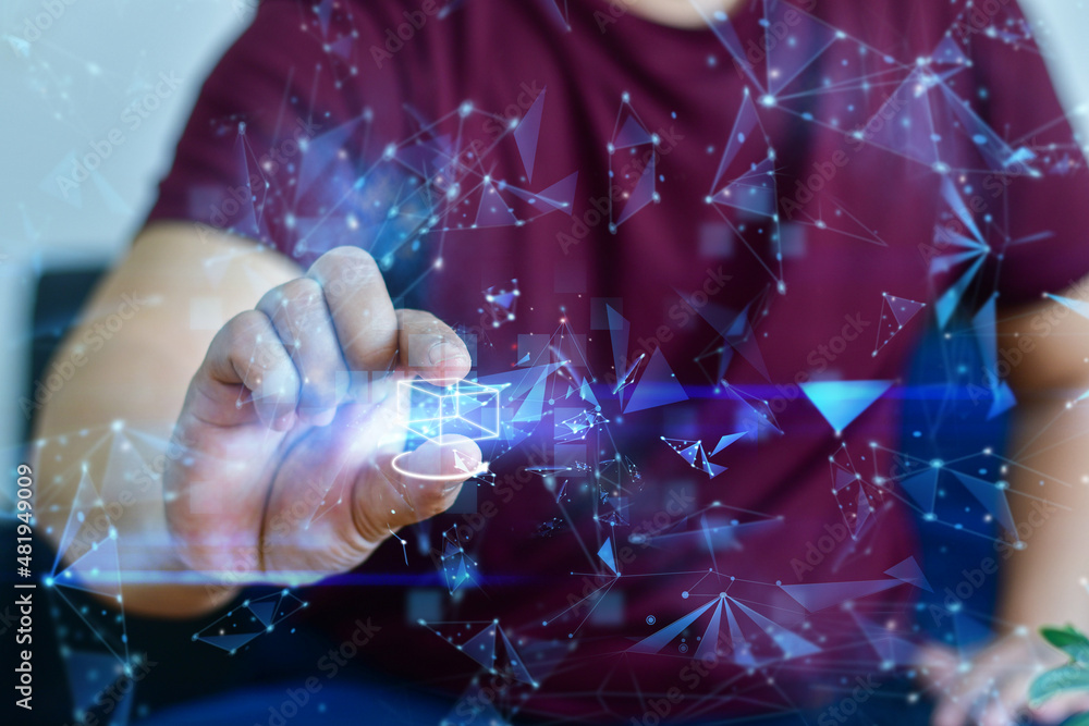 Poster man touching metaverse technology on global network connecting. man with metaverse digital cyber wor