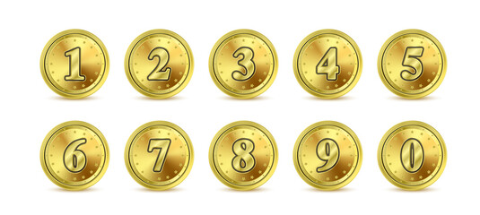 Set of realistic gold coins digits and Icon sign golden numbers. 3D Vector illustration isolated on white background.