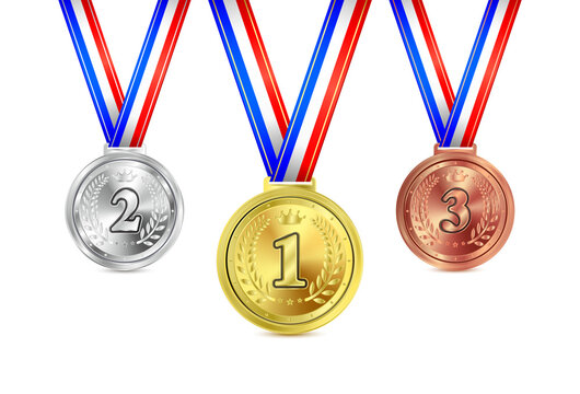 Gold, silver and bronze medals set. Metal realistic badge. Champion and winner awards medal or trophy of the summer games. On white isolated background. 3D Vector EPS 10.