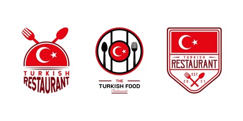 Turkish Food Restaurant Logo. Turkey flag symbol with Spoon, Fork, Crescent Moon, and Star icons. On red and white colors. Premium and Luxury  vector illustration