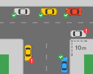 Outdoor parking rules. Correct and incorrect parking. Do not stop and park within 10 meters from the nearest point of an intersecting road. Flat vector illustration template.