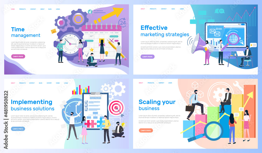 Poster time management, marketing strategies vector, implementing business solutions and scaling. calendar 