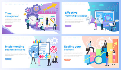 Obraz na płótnie Canvas Time management, marketing strategies vector, implementing business solutions and scaling. Calendar and computer, organizer and statistics graphics. Webpage template, landing page in flat style