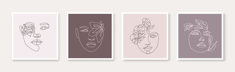 Set of Creative Templates in Trendy Linear Style with One Line Woman Faces and Flowers. Contemporary Abstract Print Design. Floral Female Face Abstract Line Drawing. Vector EPS 10