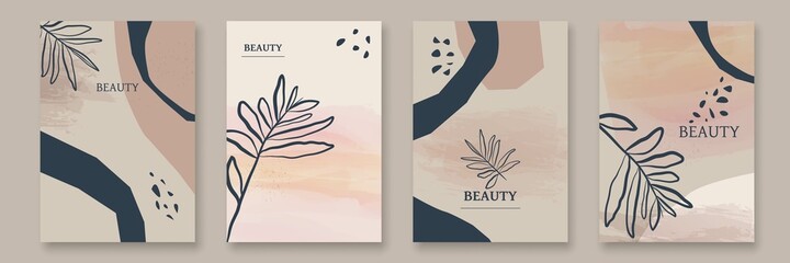 Mid Century Modern Abstract Wall Art Set of 4 Prints with Geometric Shapes, Leaves, Textures. Abstract Boho Wall Art Print. Contemporary Modern Art Creative Design. Vector EPS 10