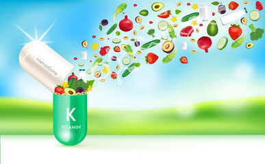 Capsule vitamin K green. fruits and vegetables fiber vitamin that neutralize free radicals. Anti aging beauty medical concept and health care. Bright sky orchard background 3D vector EPS10.