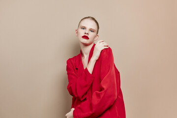 pretty woman red lips fashion jacket studio model unaltered