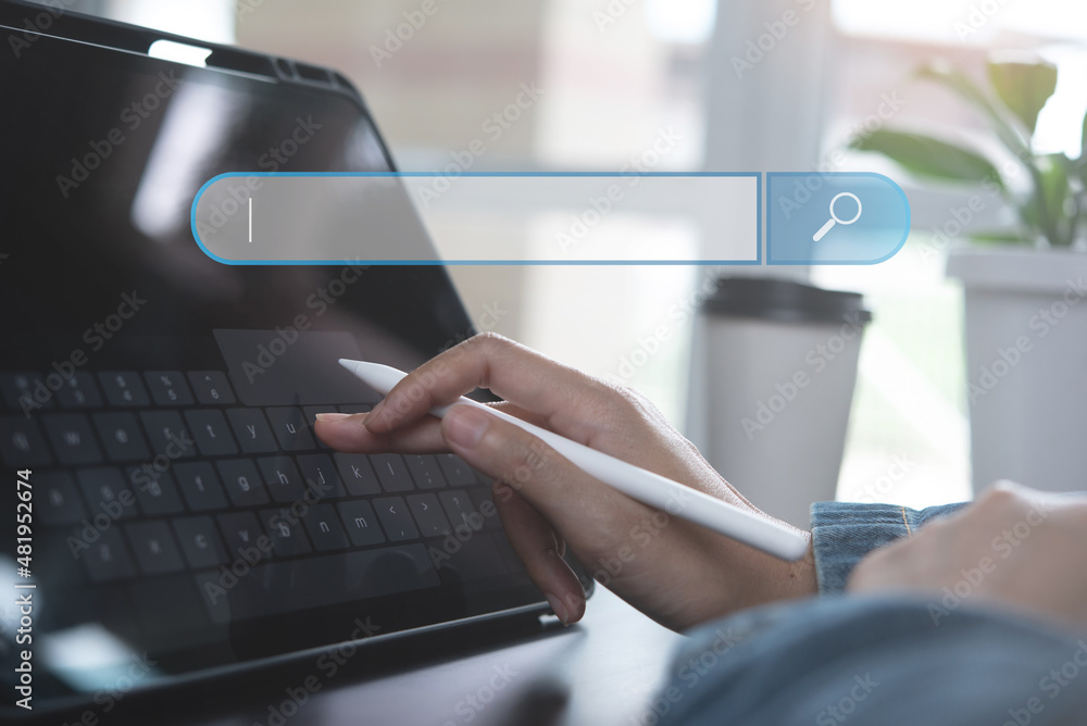 Poster seo, search engine optimization concept. woman using digital tablet, typing keyword searching data, 