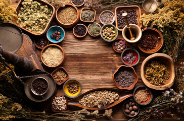 Natural medicine background. Assorted dry herbs in bowls and brass mortar on rustic wooden table.