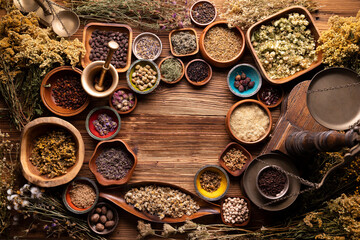 Natural medicine background. Assorted dry herbs in bowls and brass mortar on rustic wooden table.