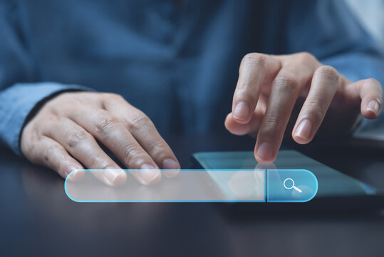 SEO Search Engine Optimization, online Internet browsing web, digital content concept. Woman using mobile phone with search bar magnifying glass graphic